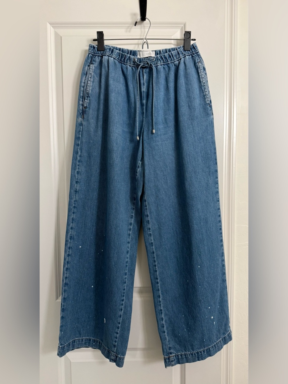 Zara wide leg jeans elastic drawstring waist pull on distressed